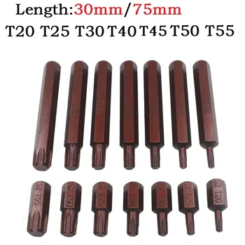 Torx 스타 스크루 드라이버 비트, 30mm 및 75mm 육각 생크, T20, T25, T30, T40, T45, T50, T55 임팩트 드라이버, 마그네틱 미끄럼 방지 전기 육각, 1 개