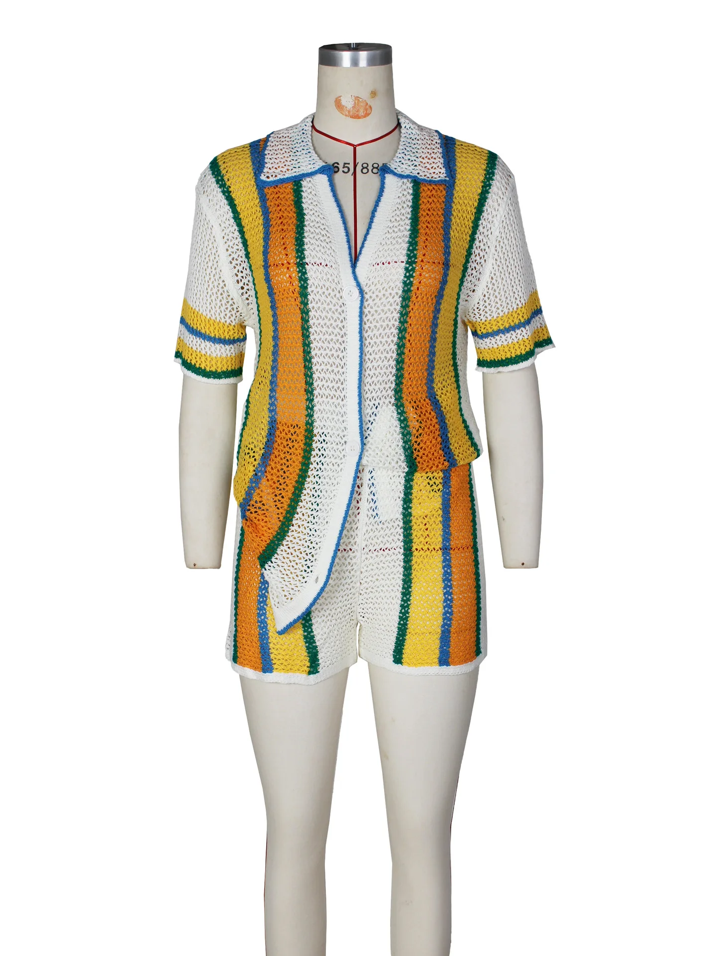 Women's Set Striped Knitted Short Sleeve Button Shirt