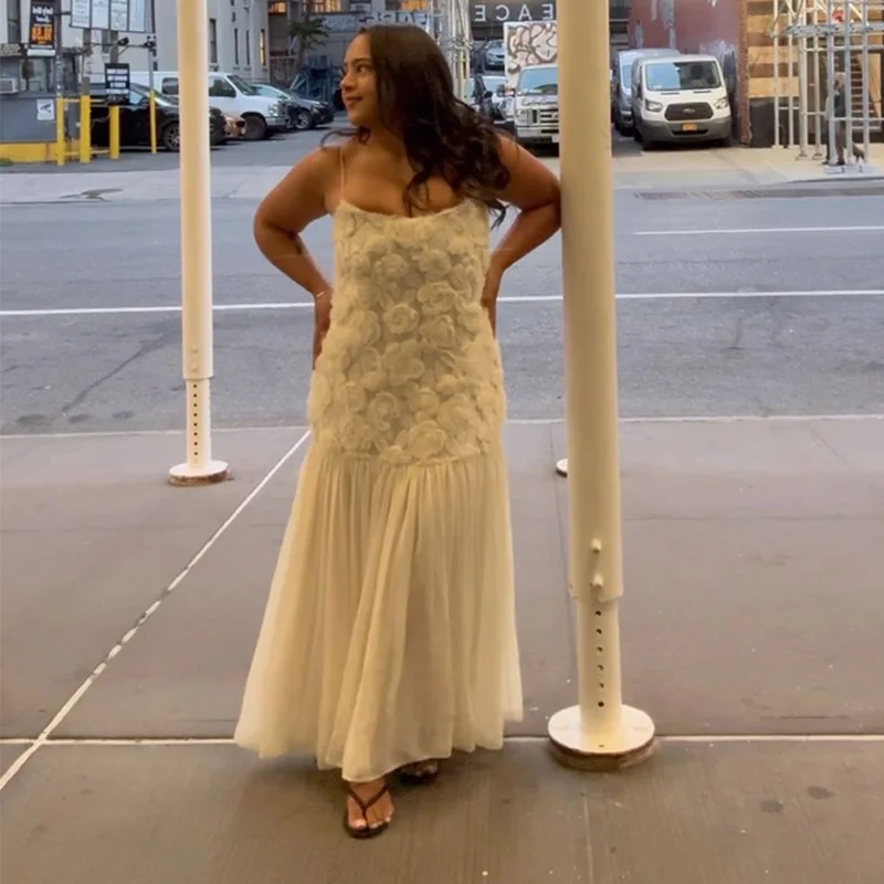 Elegant 3D Floral White Long Dress Women Patchwork Backless Pleated Party Evening Dresses Female 2025 Summer Lady A-line Robes