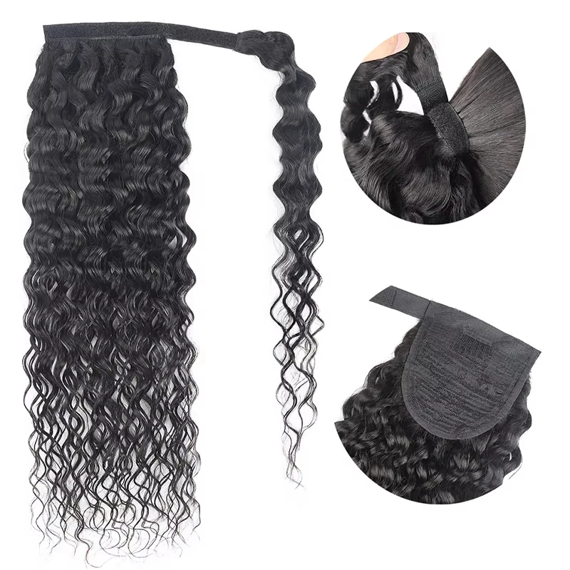 물결 웨이브 포니테일 붙임머리 인모 랩 어라운드 콘 웨이브 포니 매직 페이스트 브라질리언 인모 붙임머리 여성용