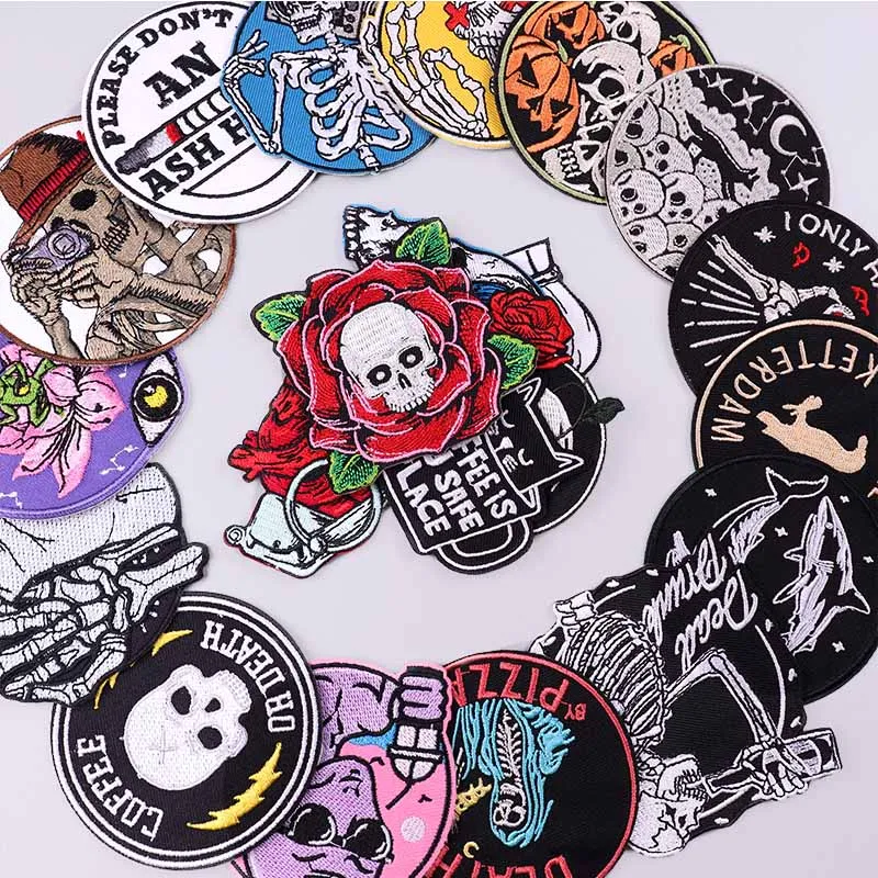 

Punk Skull Patch Iron On Patches On Clothes Horror/Skeleton Embroidered Patches For Clothing Stickers DIY Sewing/Fusible Patch