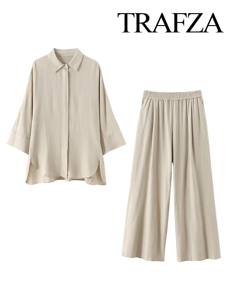 TRAFZA 2024 Women 2 Piece Set Elastic Waist Pocket Folds Decorate Wide Leg Pants+Solid Single-Breasted Slit Hem Blouse Top TRAF