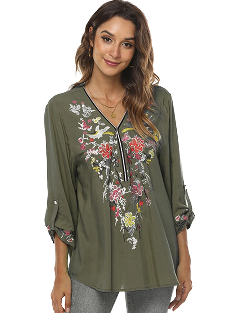 Khalee Yose Gray Floral Embroidery Blouse Shirt Summer Autumn Mexican