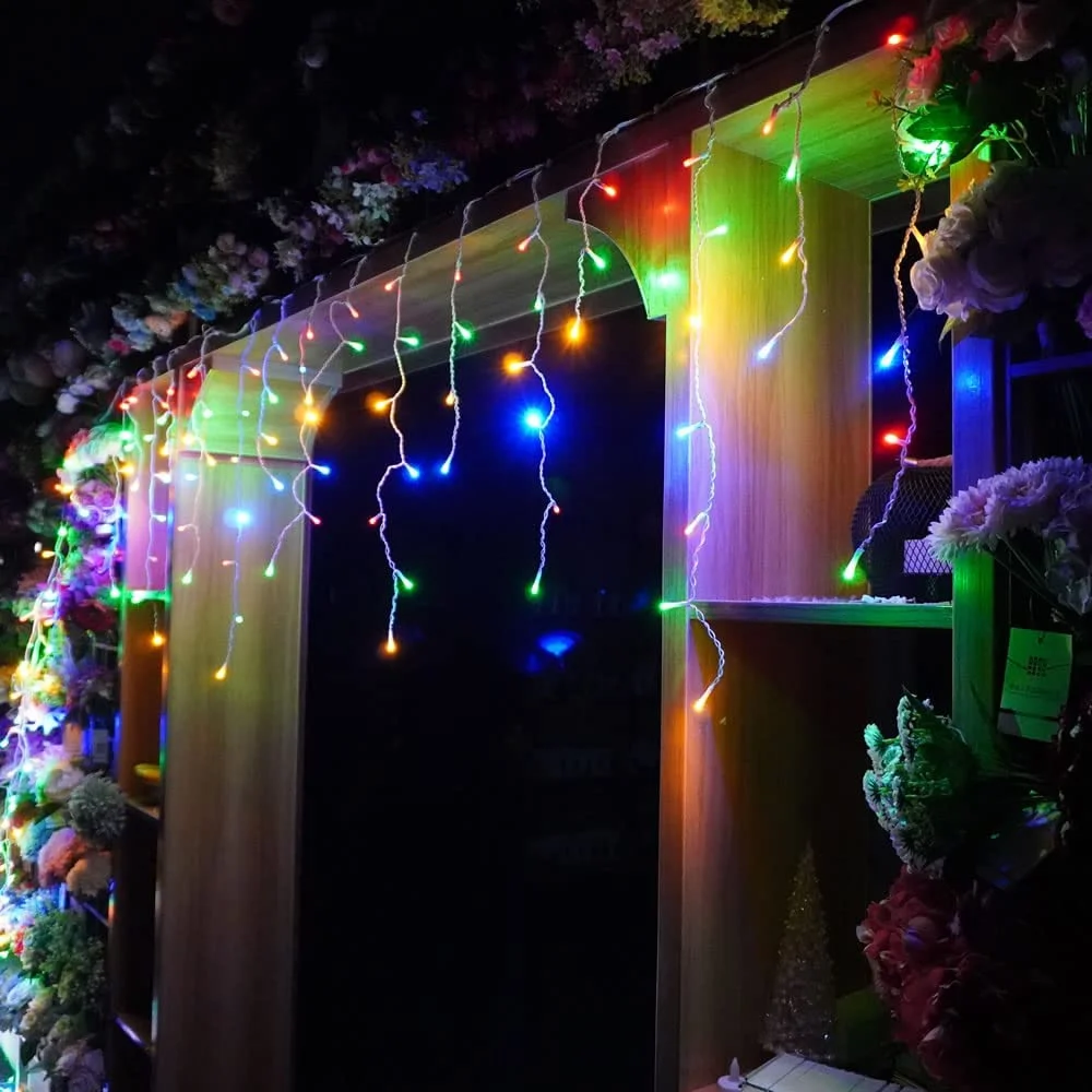 

AC100-240V 96 Leds Christmas Icicle String Light 16 Drops Twinkle Holiday Fairy Decoration for House,Garden,Yard