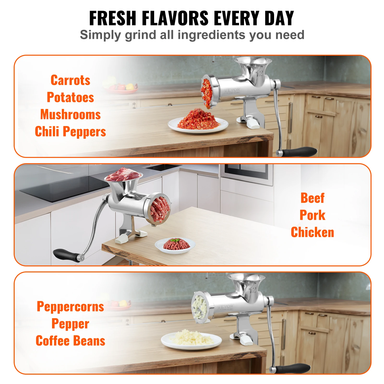 VEVOR Manual Meat Grinder 304 Stainless Steel Hand Meat Grinder with Steel Table Clamp Meat Mincer Sausage Maker 6