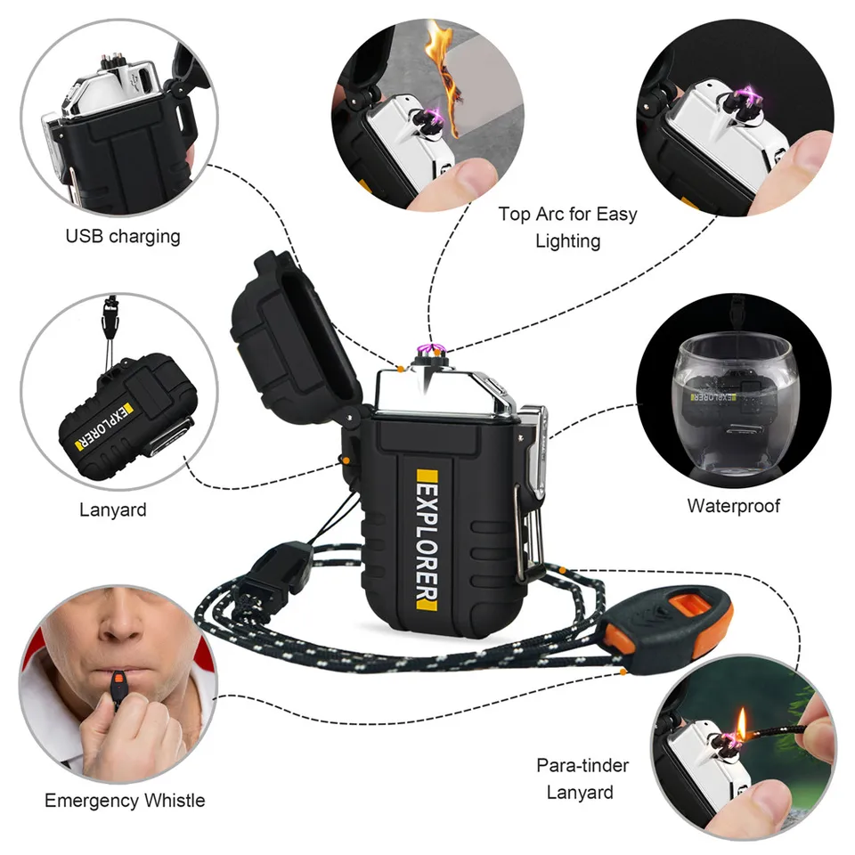LcFun Elektrische aansteker met dubbele boog, USB, oplaadbaar, winddicht, vlamloos, voor kamperen, wandelen, avontuur, tactische survivaluitrusting, cadeaus voor
