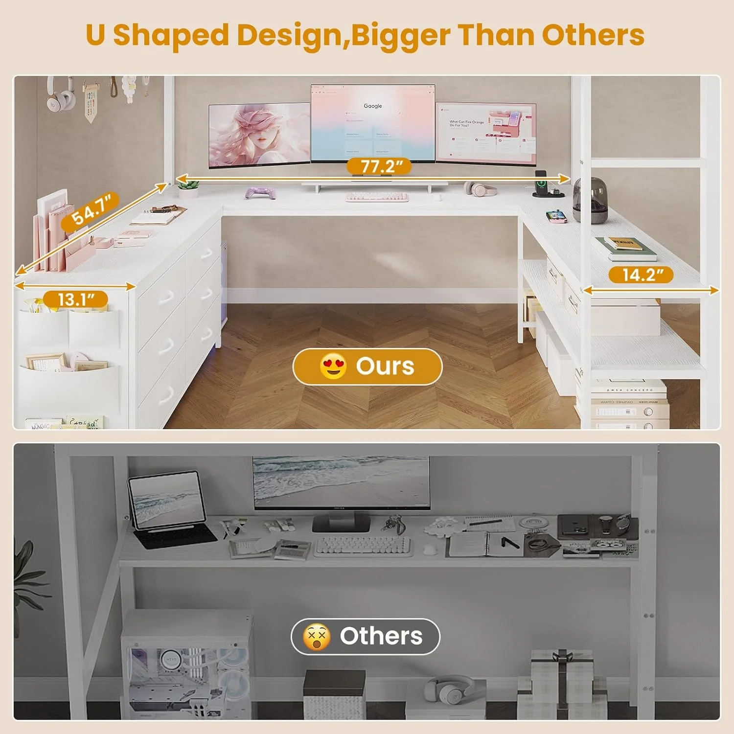 Loft Bed Full Size with U-Shaped Desk, 6 Storage Drawers, Power Outlet, LED Metal Loft Bed with 2 Storage Shelves