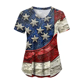 Scrub Top V Neck for Women - US Flag Diagonal Stripes