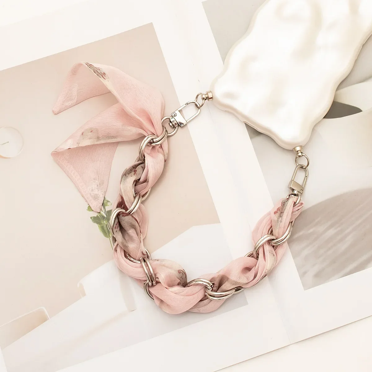 Woven Silk Scarf Double Buckle Wrist Strap with Mobile Phone Lanyard