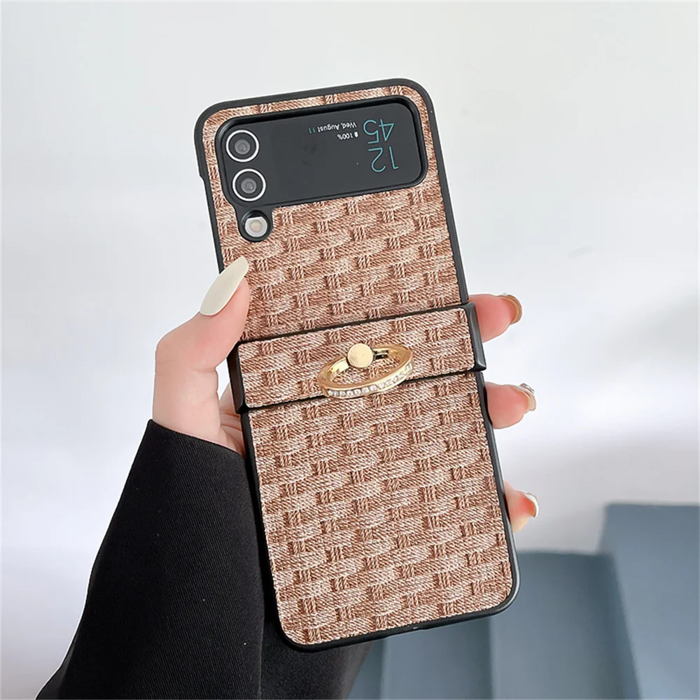 Luxury Weave Pattern Hinge Metal Finger Ring Holder Case - Shockproof Bumper Cover