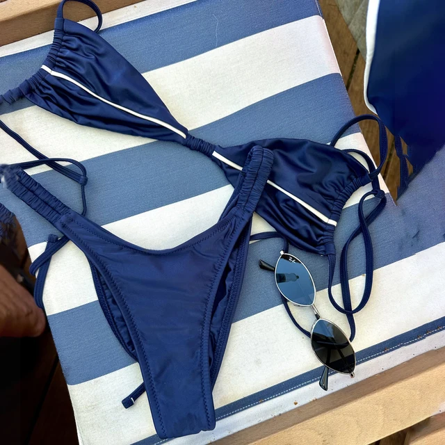 Bandeau Biquini 2025 Sexy Women Swimsuit Female Swimwear Micro Bikini Set Swimming Suit Beachwear Shiny Blue Brazilian Biquini 1