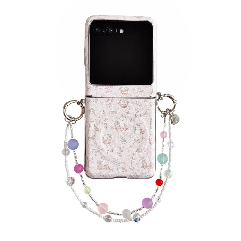 Floral Beaded Lanyard Flip Phone Case - Magnetic PU Leather Shockproof Cover