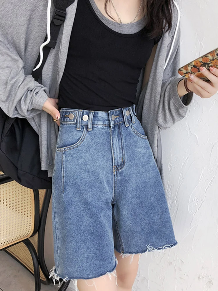 Ailegogo New Spring Summer Retro Women Tassel Loose Denim Shorts Streetwear Female Wide Leg Button Frayed Jeans Shorts Bottoms plus size clothing