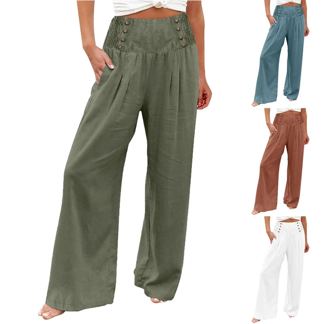 Summer Women Linen Cotton Straight Trousers Casual Loose Elastic Waist Pants