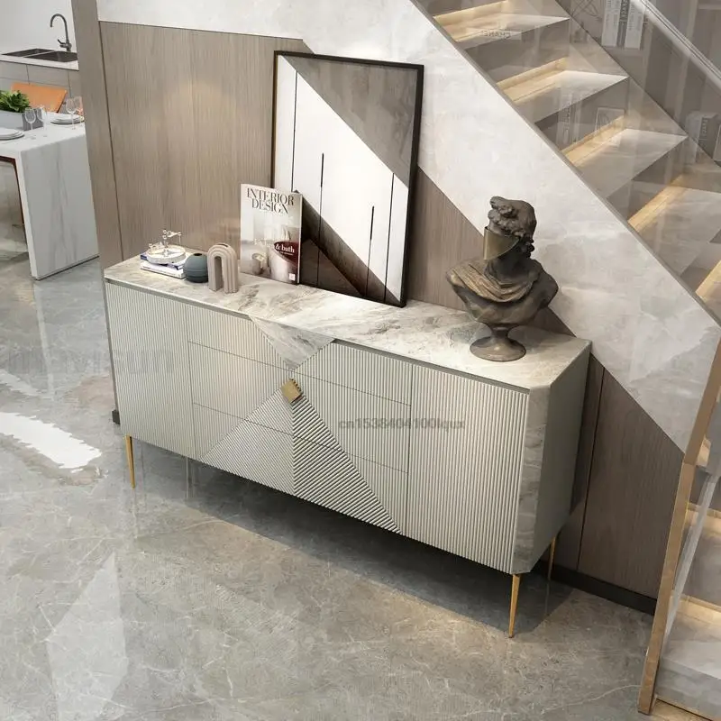 Light Luxury Kitchen Sideboard In Gray High Quality Rock Plate Countertop Italian Style Furniture Living Room Display Cabinet