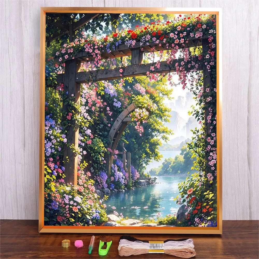 Flower Landscape Pattern Cross Stitch DIY Hand Embroidery Kit 11ct White Printed Fabric Sewing Set Adults Crafts Cross-Stitch cross stitch kit
