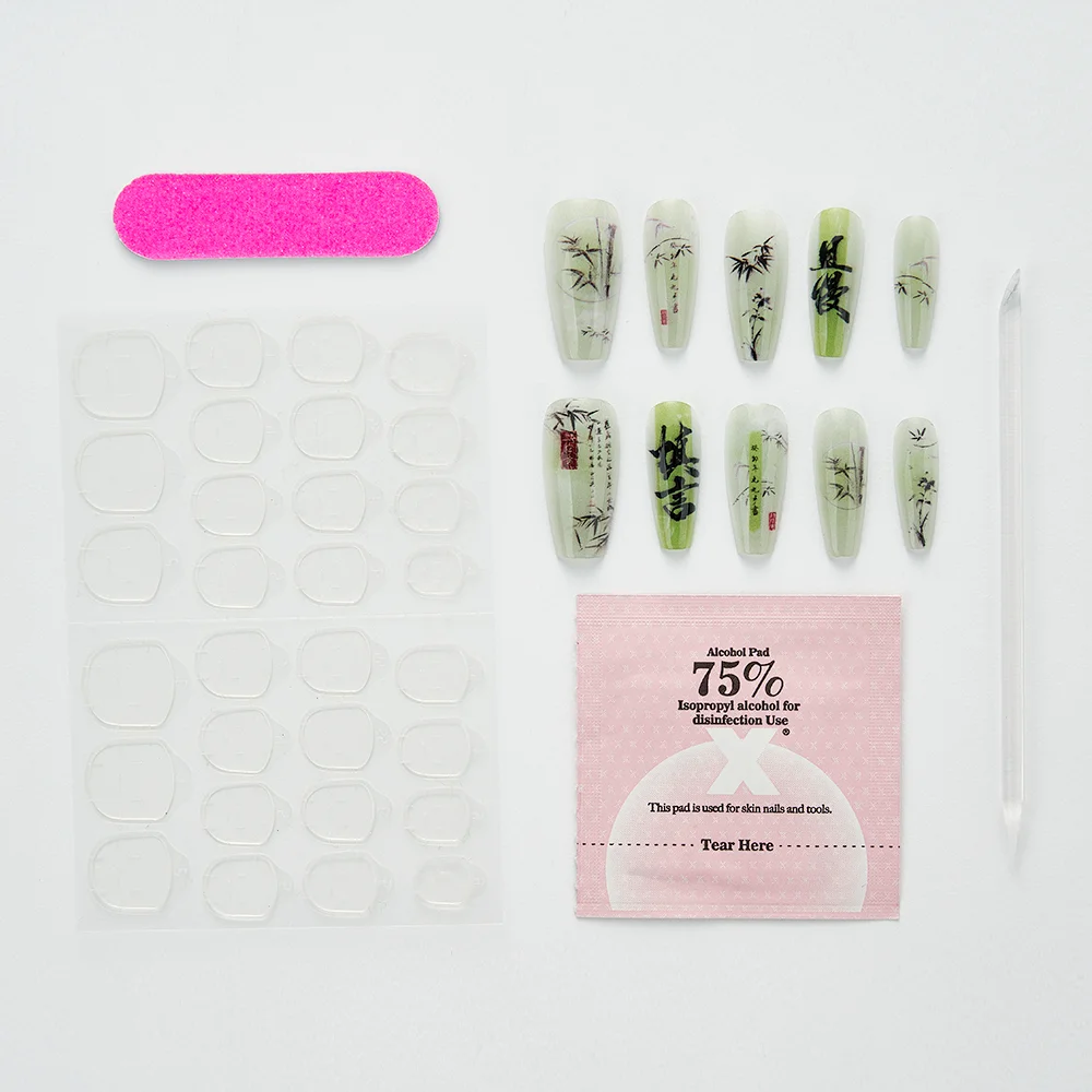 10PCS Chinese Bamboo Long Press on Nails Poetry Painting Design Fake Nails Set Reusable Full Cover Acrylic Nails Art for Women 5