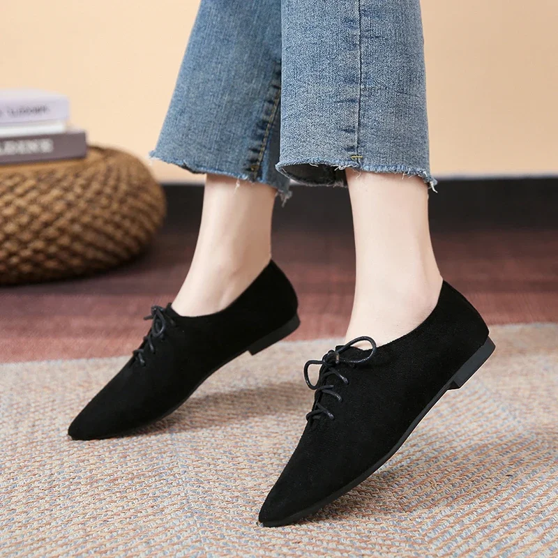 Fashion Pointed Shoes Female Shoes Daily Casual Shoes Classics Black Lace-Up Comfortable Flats Women's Flat Shoes 2022 Autumn
