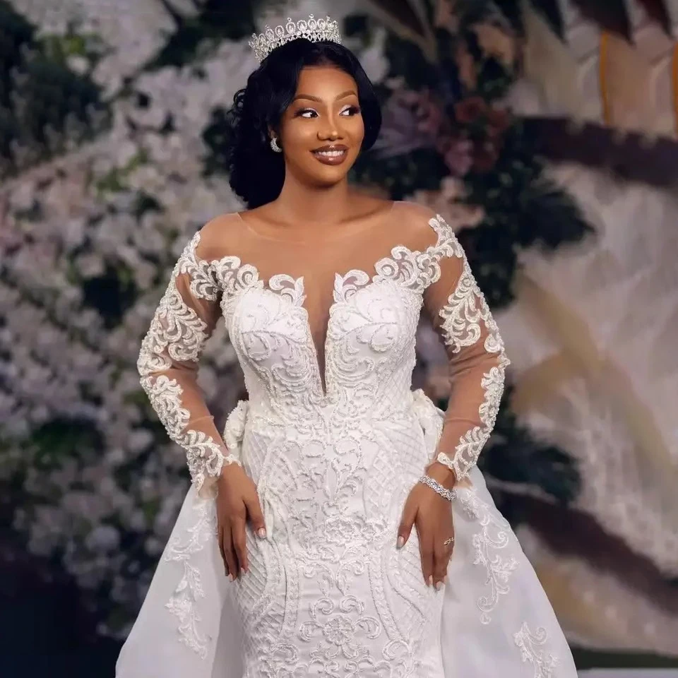 Elegantes weißes 2-in-1 Meerjungfrauen-Brautkleid mit abnehmbarer Schleppe 2026, lange Ärmel, Spitzenapplikationen, sexy Brautkleid, Vestidos De Novia – Detail 5