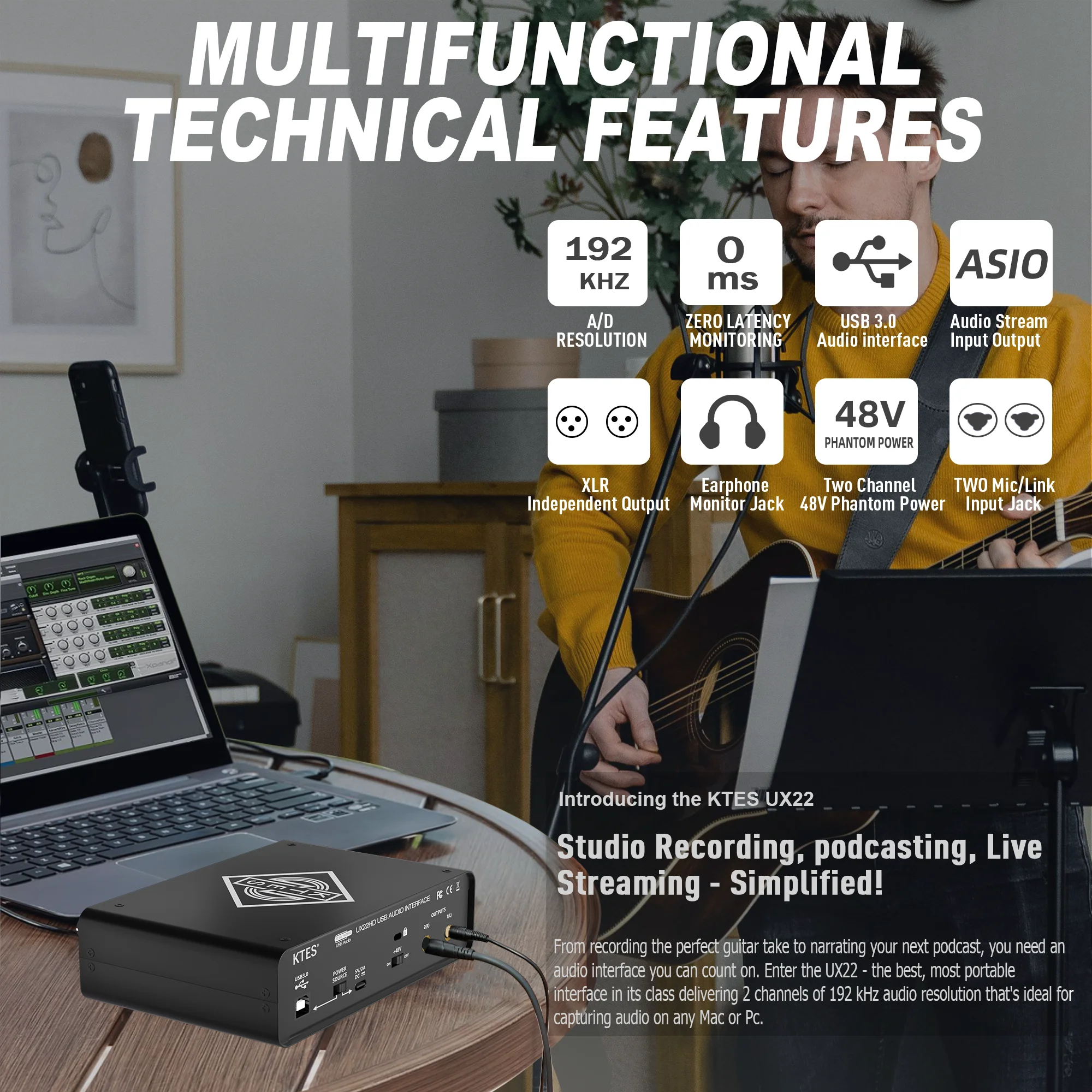 UX22 Audio Interface 192kHz 32-Bit USB Sound Card for Studio Recording Live Streaming Podcast DAW Music Production & YouTube