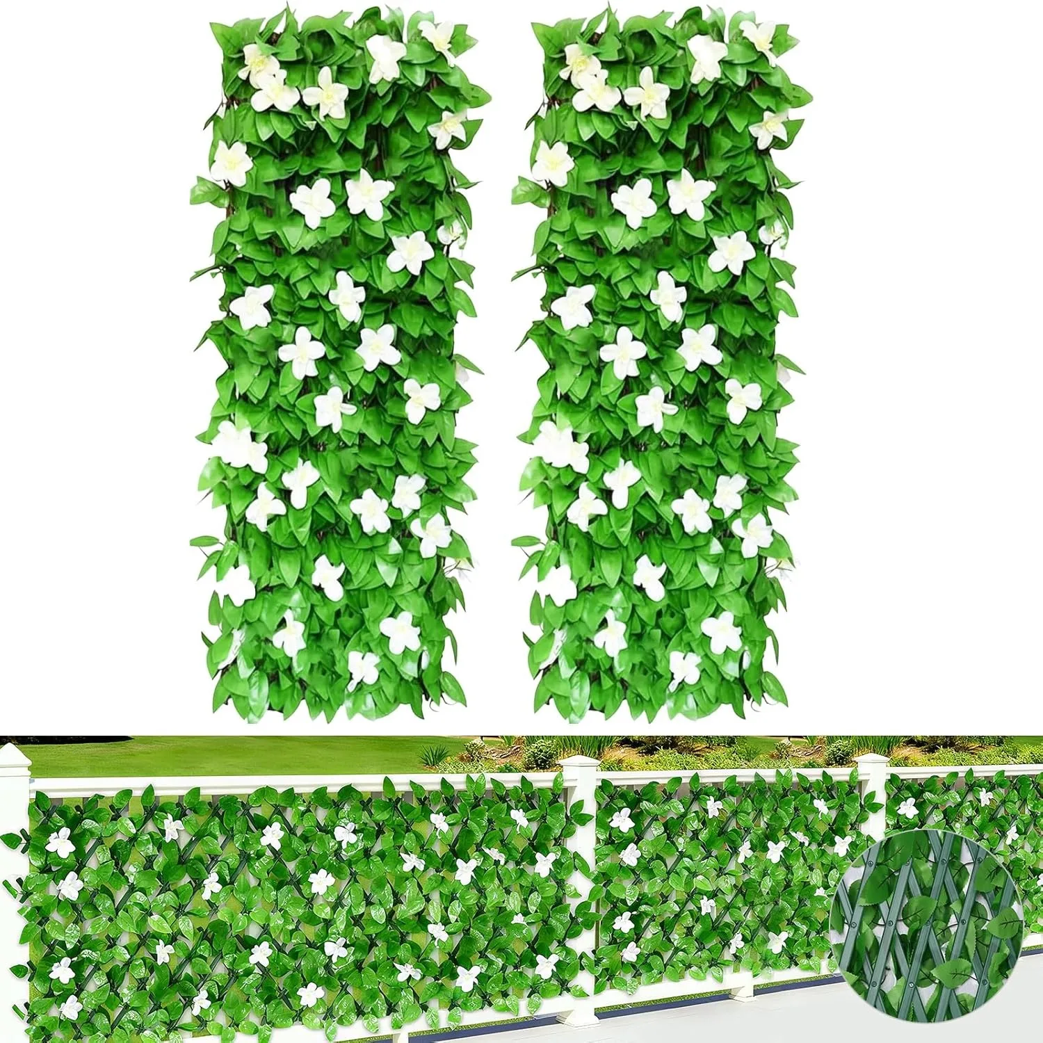 Artificial Ivy Fence Hedge Screening Expandable Garden Trellis Panel with White Orchid Privacy Fence for Balcony Outdoor Decor