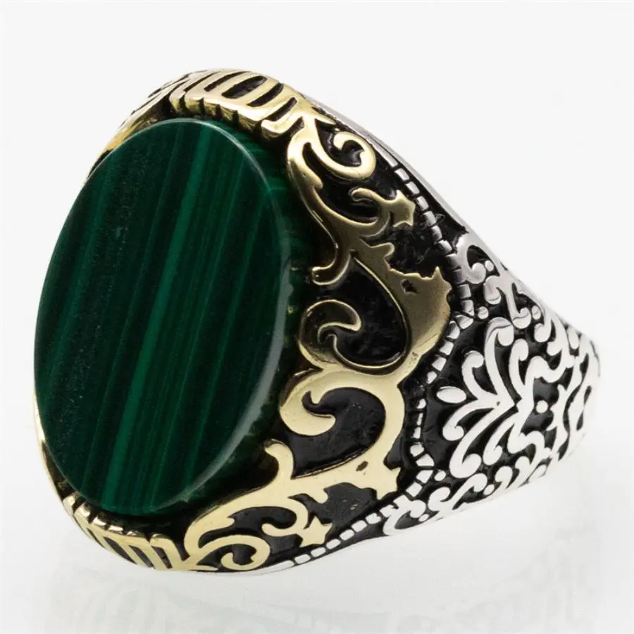 

Wholesale 925 Sterling Silver Male Ring Green Malachite Stone Handmade Vintage Classic Simple Men Silver Ring 925 Natural Stone