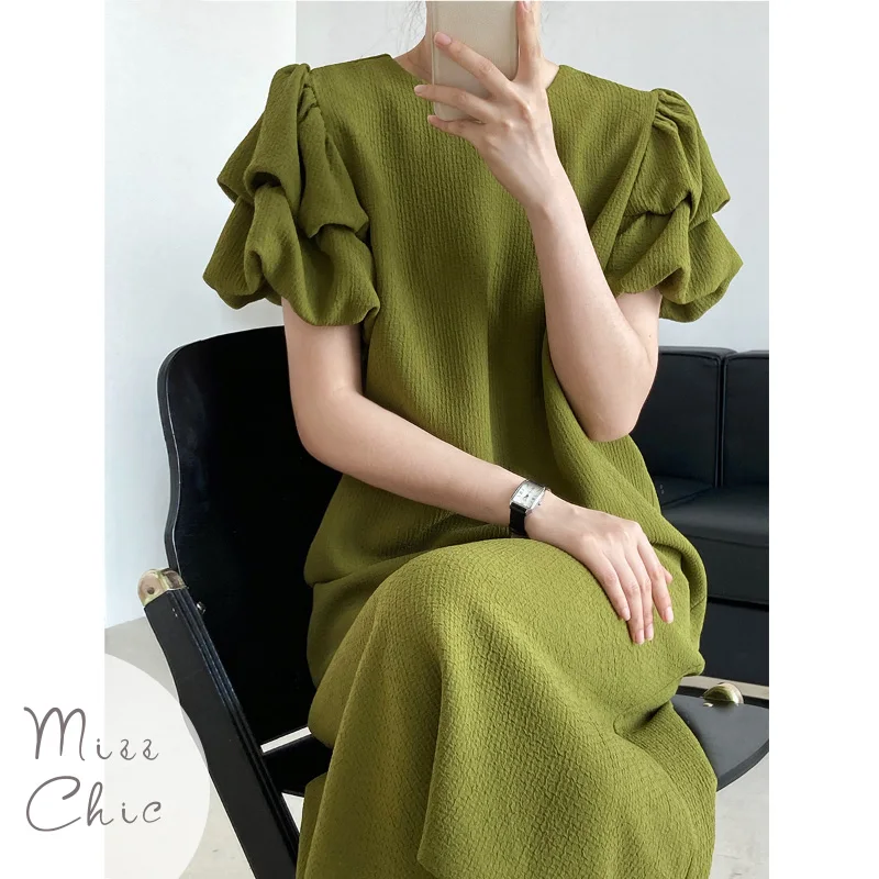 

2023 New Bubble Sleeve Green Straight Dress Women's Summer Sexy Elegant Crewneck Mid-length Slim Premium Loose Pencil Dres