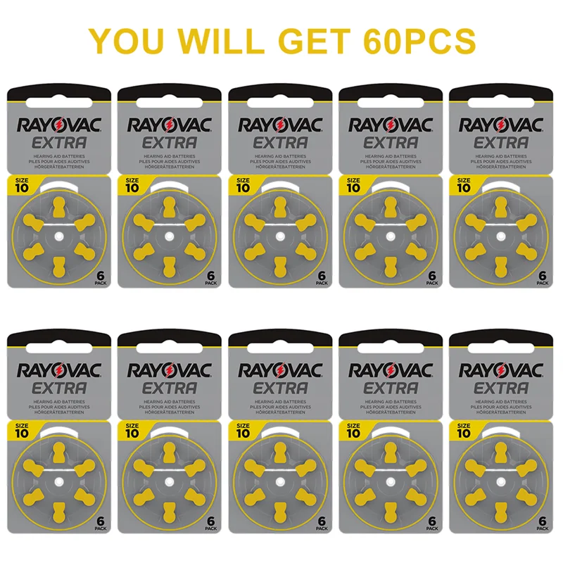 RAYOVAC EXTRA Zinc Air 60 PCS Performance Hearing Aid Batteries A10 10A 10 PR70 For BTE CIC RIC OE Hearing Aids Battery