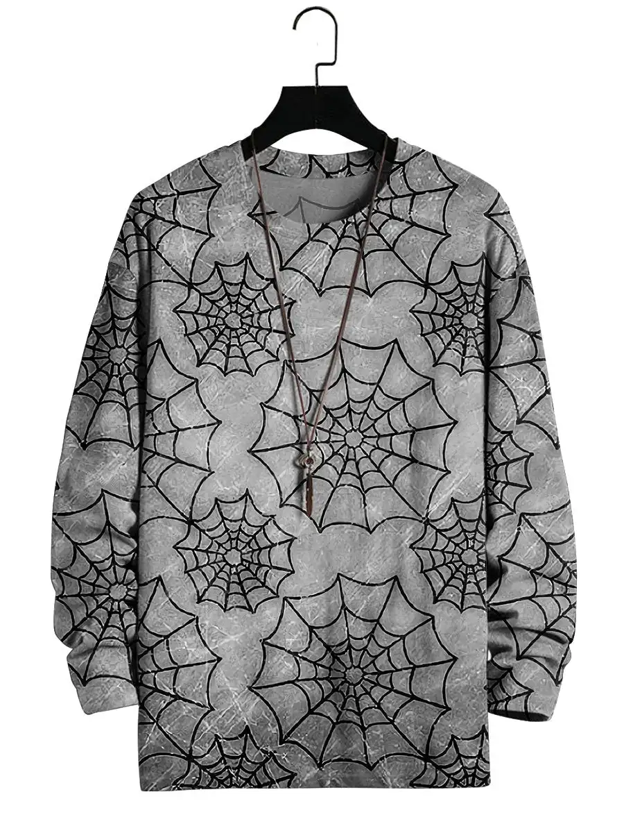 

Men's Round Neck Spider Web Printed Long Sleeve T-Shirt