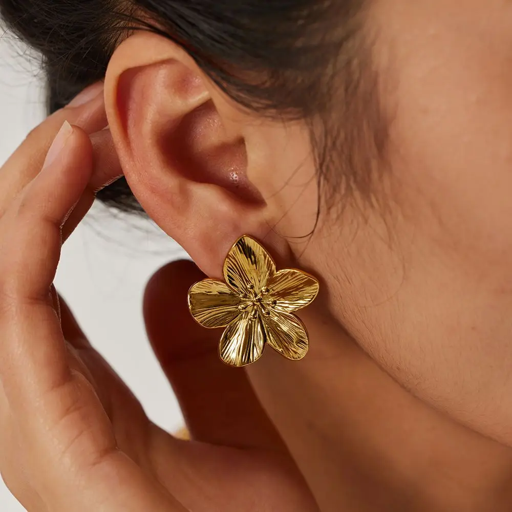 Elegant Flower Earrings For Women Gold Color Stainless Steel