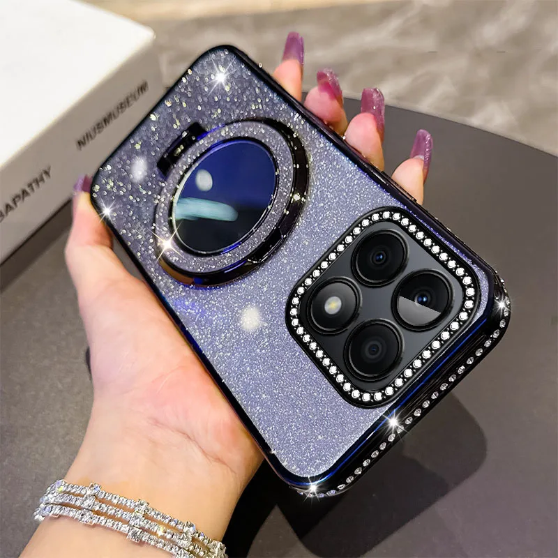 Glitter Plating Silicone Phone Case with Magnetic Bracket & Lens Protector - Pink