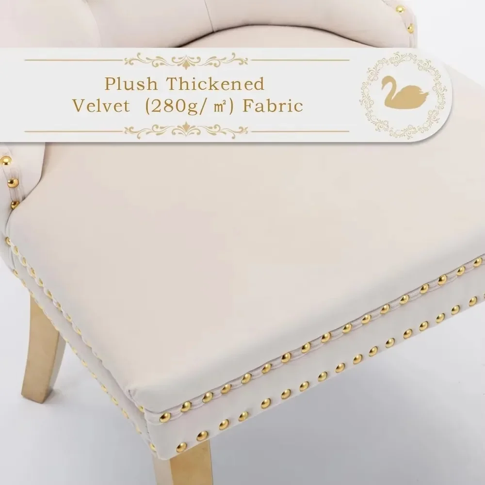 Velvet Upholstered Dining Chairs Set of 2, Nailhead Trim and Gold Plated Leg, Metal Pulling Ring, Modern Style Kitchen Chairs 5