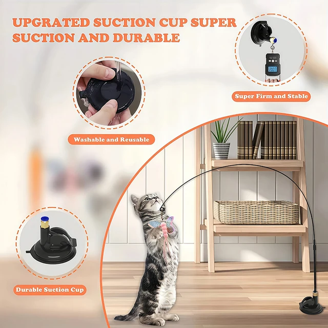 Cat Toys Cat Teaser Stick With Bell Extended Rod Suction Cup Self High And Durable Bite Teaser Tool Replaceable Feather Head 4