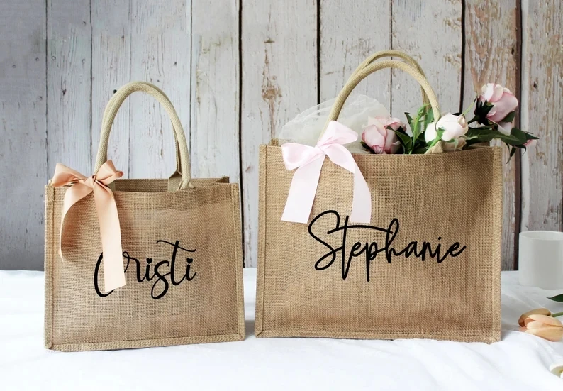 Custom Beach Tote Bag-Burlap Tote Bags with Name Custom Jute Bag Bachelorette Gift Personalised Maid of Honor Tote Shopping Bags