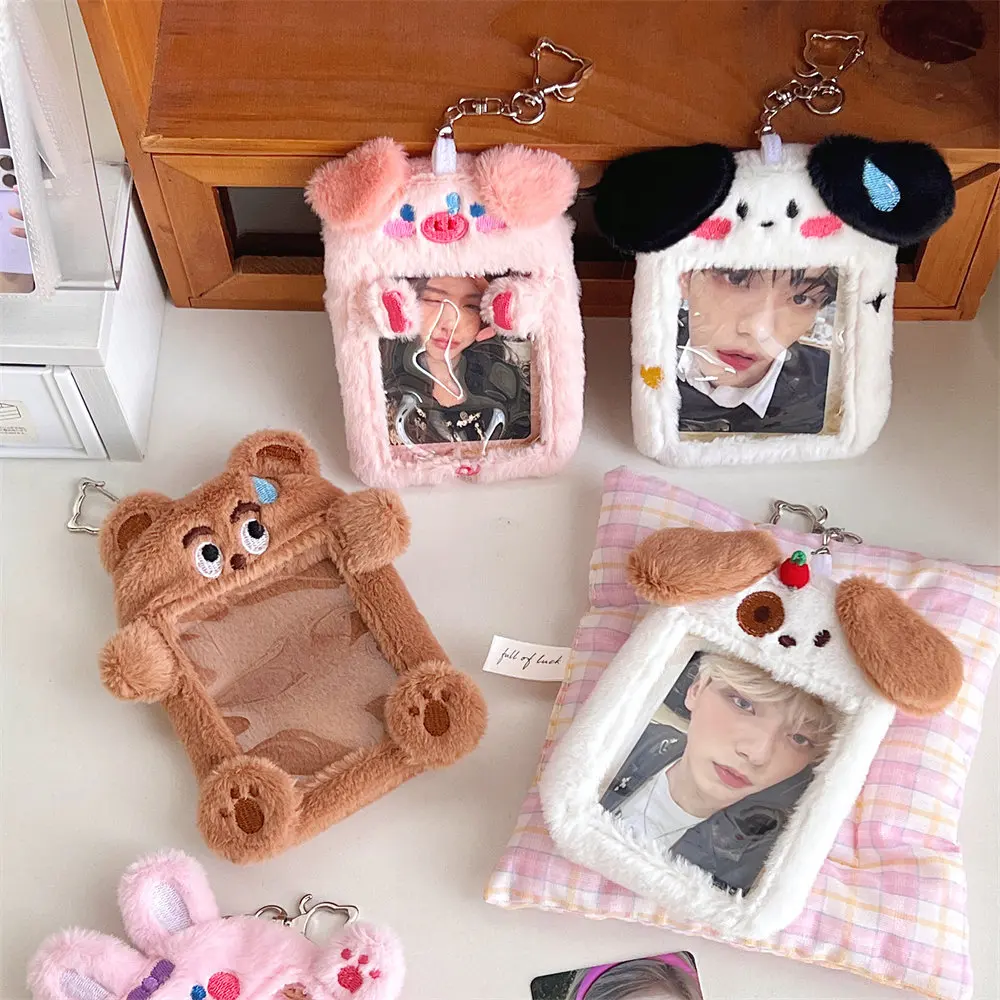 4 Pcs Cute Photocard Holders With Keychains – Transparent Acrylic, 3.3x2.16 Inch, Cat & Bear Charms, For Kpop & ID Cards