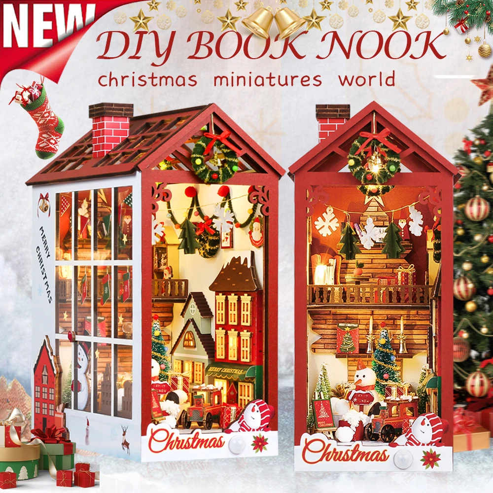 Book nook Christmas Dollhouse Kit 3D Wooden Puzzle With Sensor Light Dust Cover Booknook Bookshelf Insert for Christmas Gift diy booknook 3d wooden book nook puzzle with led shelf insert kits miniature travel with the wind bookends dollhouses toys gifts