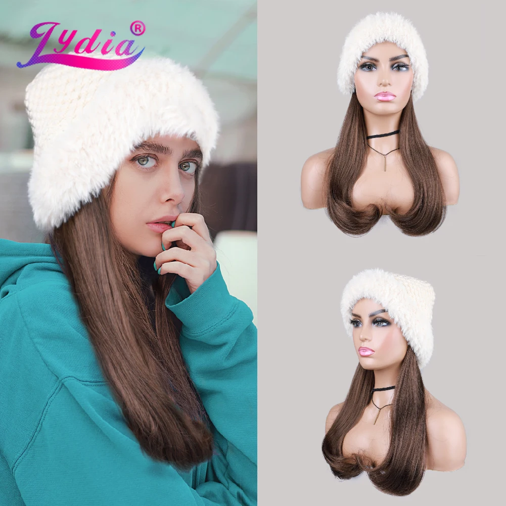 Lydia Long Wavy Synthetic Hair Extentions Casual Woolen Autumn Winter Knitted Beanie Hat Easy to Wear Curly Detachable Wig