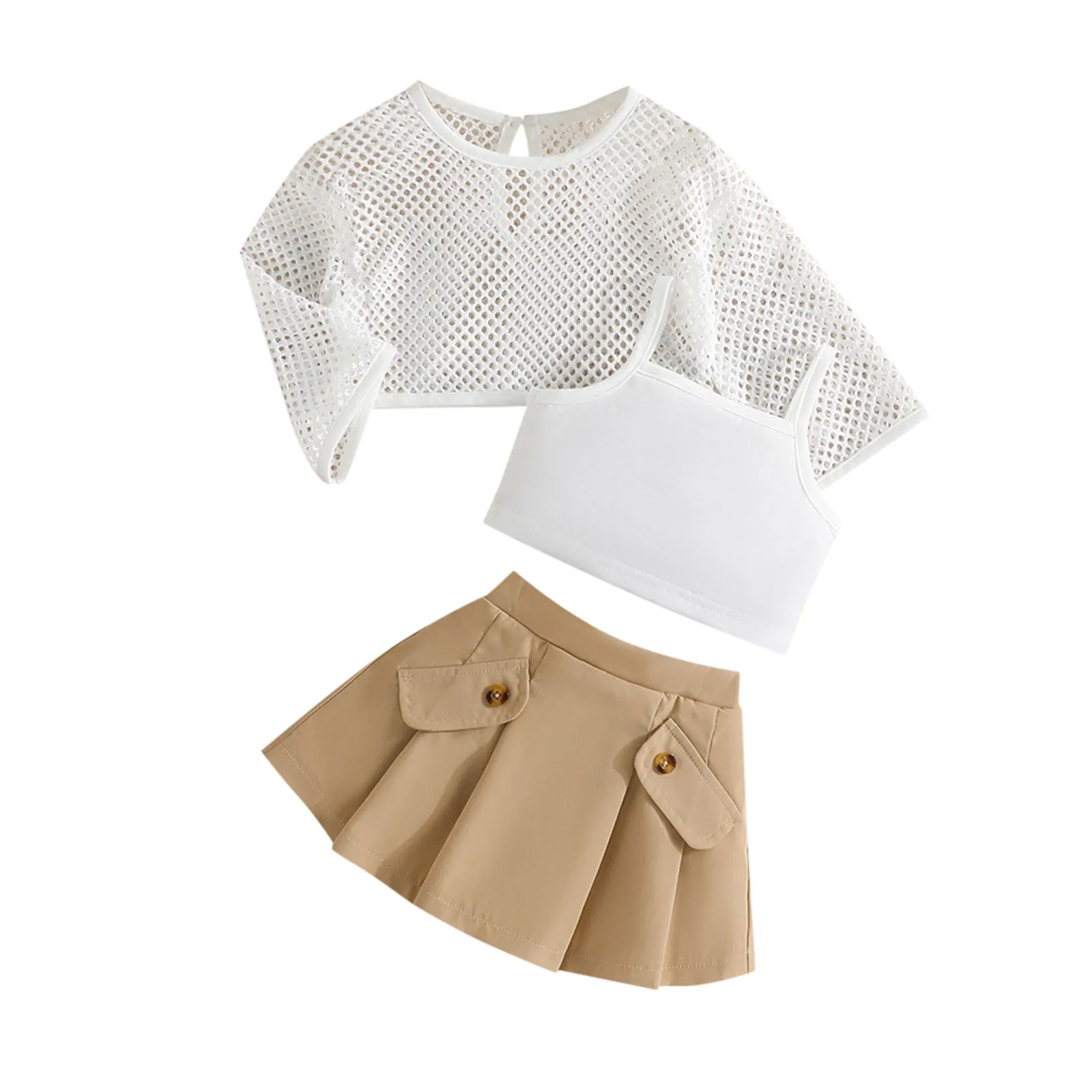Children Spring Solid Clothes Suit Kids Girls 3PCS Outfits Mesh Fishnet Long Sleeve Top And Skirt With Camisole ropa para ni&ntilde;as kids clothes