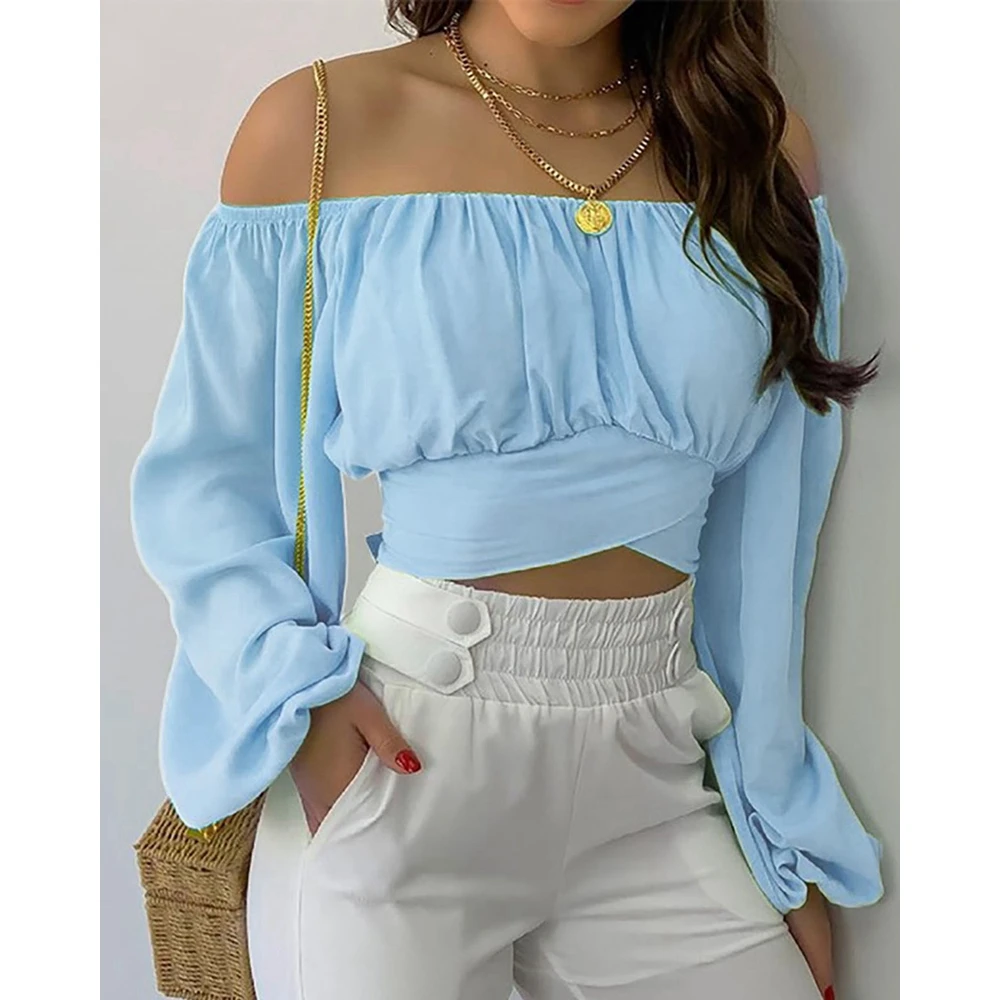 blouses ruched open back blouse cyan in blue size l m s xl Women's Ruched Fold Off The Shoulder Crop Top Sexy Lantern Sleeve Blouse Fashion Casual Tied Back Detail Shirts Spring Summer