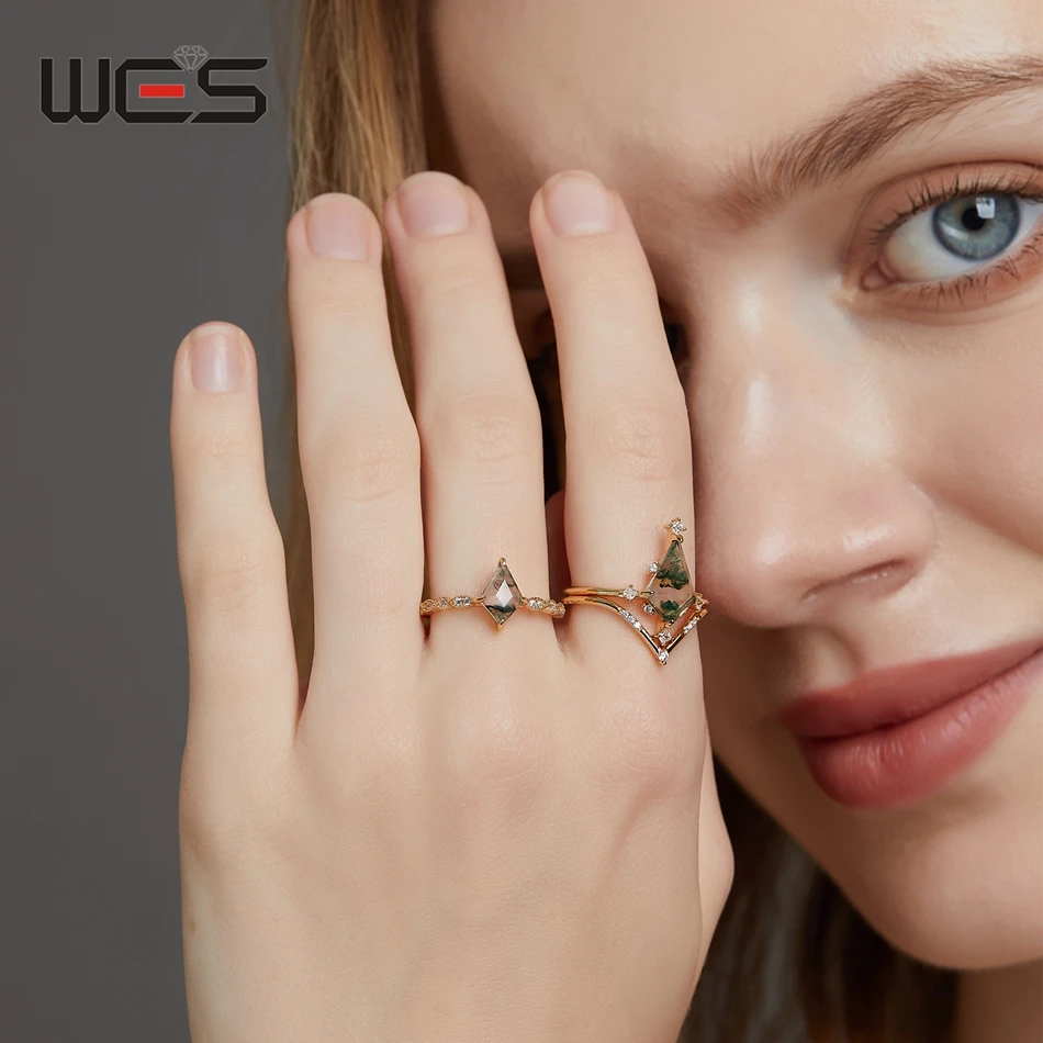 WES 100% 925 Sterling Silver Natural 6*9mm Moss Agate Rings For Woman Party Christmas Gift Anniversary Certified Fine Jewelry