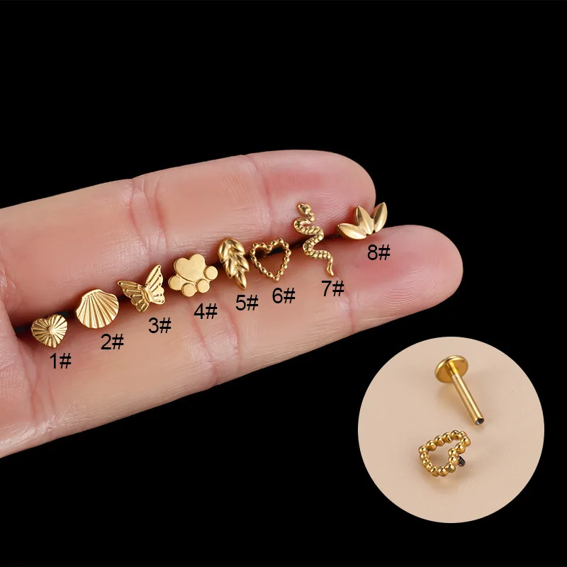 ASTM F136 Titanio 16G CZ Boomerang Labret Cartílago Hélice Tragus Labio Anillo Internamente