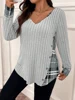 Plus Size 1XL-5XL Women's Casual Fashion V Neck Long Sleeve T-Shirt Ladies Women Plus Size Lattice Solid Ribbed T-Shirt Clothing