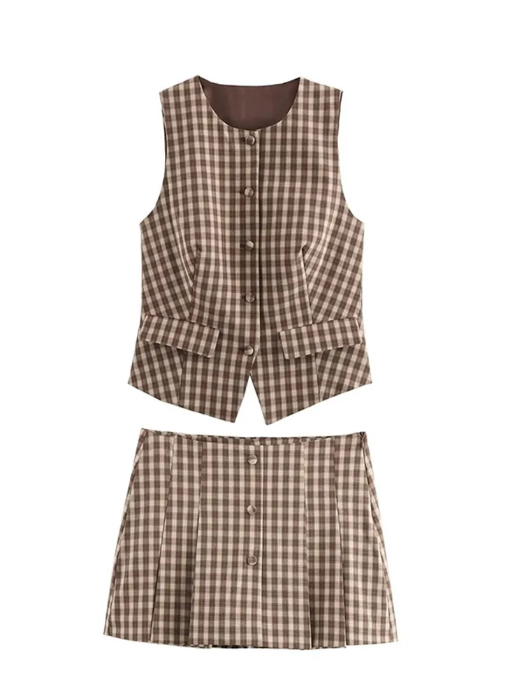 Women Elegant Plaid Print Pleated High Waist Mini Skirt Sets Retro Buttons  O-neck Sleeveless Top Suit Lady Street Outfits 2025 6