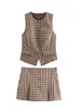 Women Elegant Plaid Print Pleated High Waist Mini Skirt Sets Retro Buttons  O-neck Sleeveless Top Suit Lady Street Outfits 2025 6