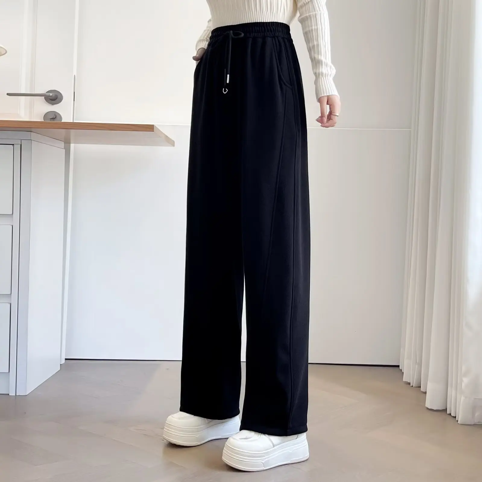 XXXXL Fashion Plus Size Women's Straight Leg Pants Fleece And Thickened Curved Winter Style Warm Long Trousers 890