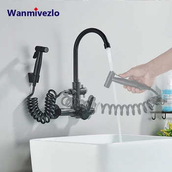 Rubinetto da cucina con pistola a spruzzo Miscelatore acqua calda fredda a parete Rubinetti girevoli Doppia modalità acqua Nessuna pulizia degli angoli morti 1