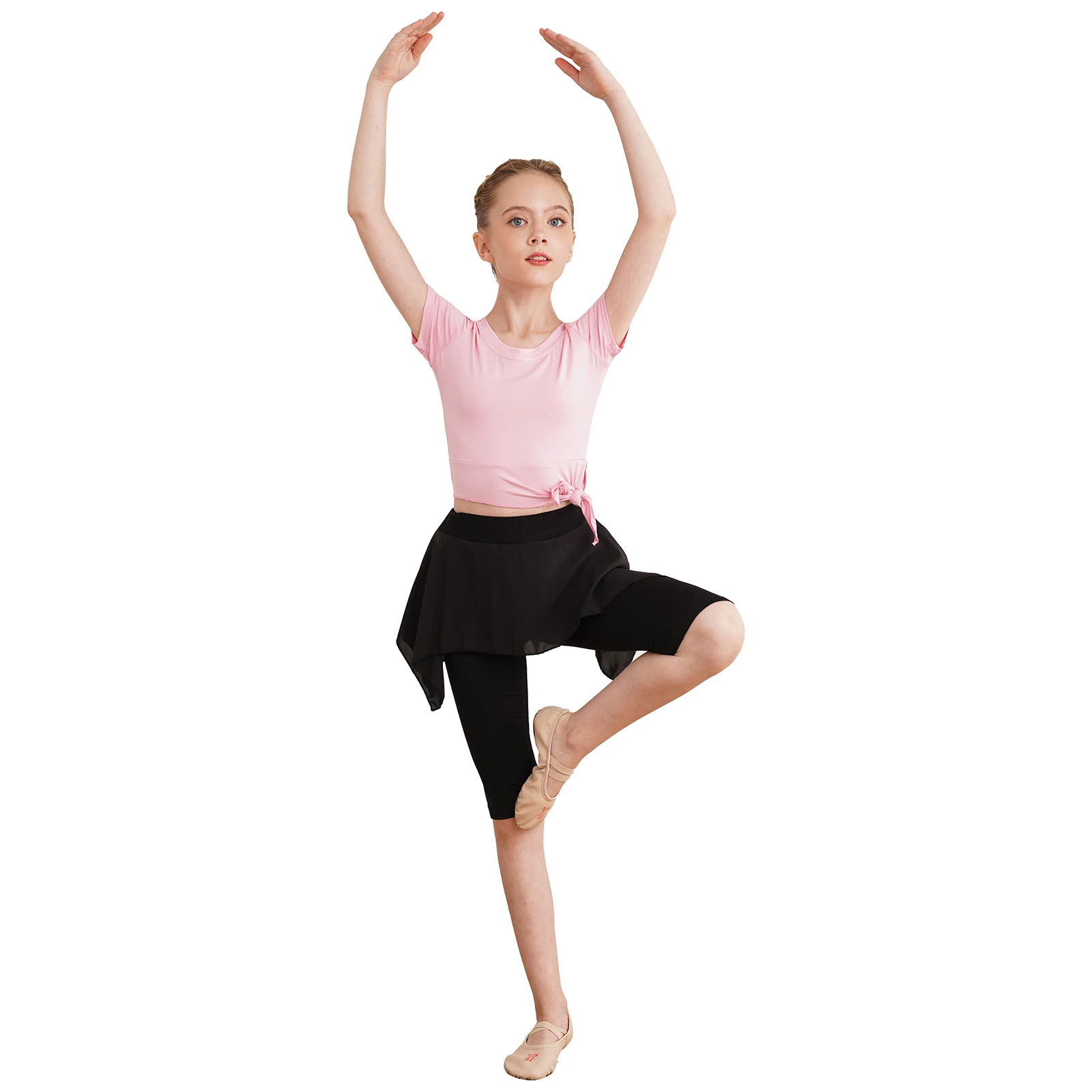 

Kids Girls Ballet Dance Training Outfit Tops Solid Color Short Sleeve Crop Top with Chiffon Skirted Short Leggings Pantskirt