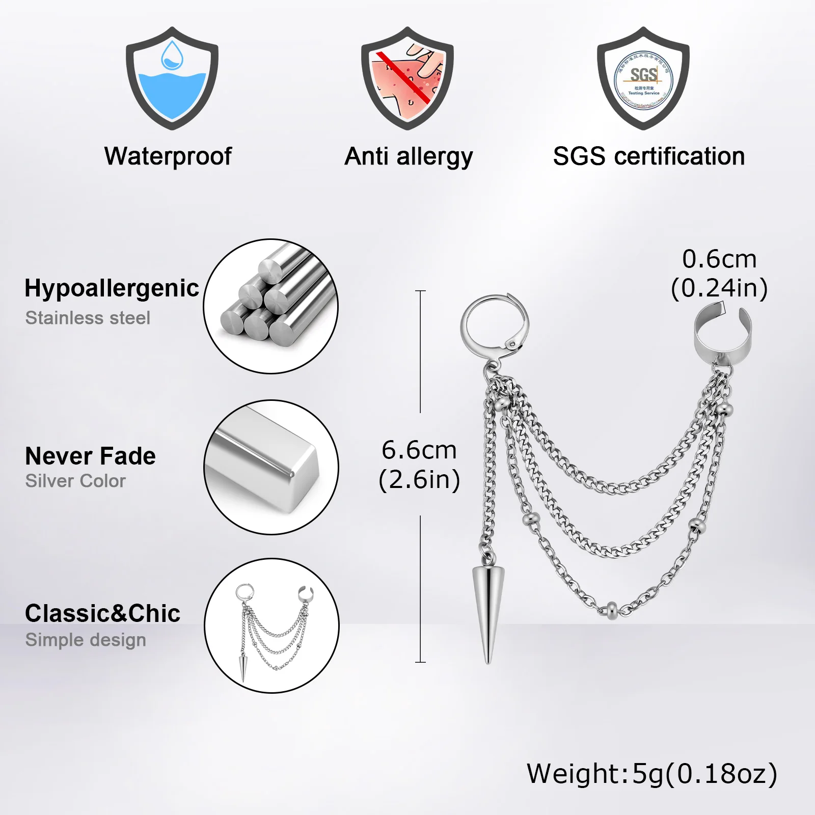 Vnox 스테인리스 스틸 멀티 레이어 체인 이어커프 후프 귀걸이 (남성용) 펑크 콘 스파이크 댕글 연골 클립 쥬얼리 선물