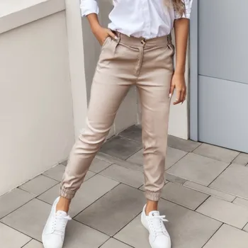 Women Pants Solid Color High Waist Button All Match Ankle Tied Trouser With Pockets Eelgant Lady Office Business Work Sweatpants 1