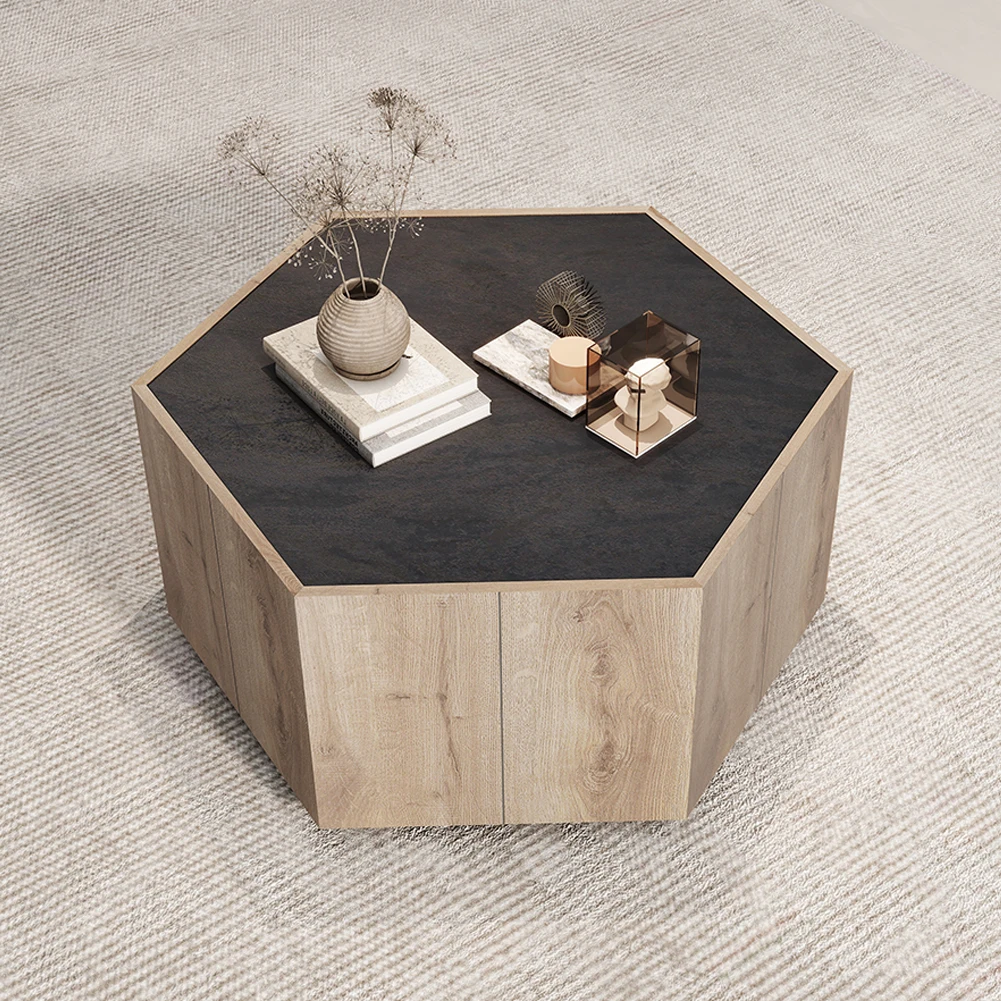 Coffee Table Hexagonal Wood Rural Style Table with 2 Storage Drawers Center Table For Living Room Bedroom Furniture 3